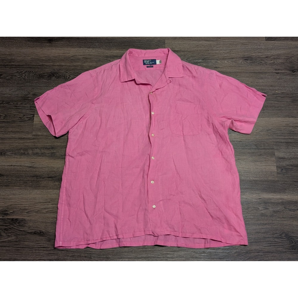 Polo Ralph Lauren Mens XXL Pink 100% Linen Short Sleeve Button Up Classic Fit